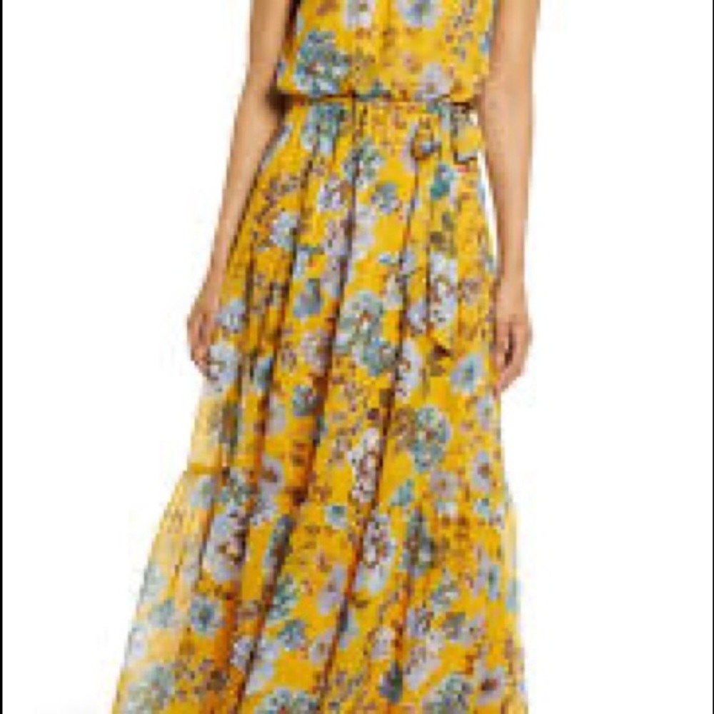 JULIA JORDAN maxi dress mustard yellow blue FLORAL tiered lined chiffon LIKE NEW - Picture 4 of 6